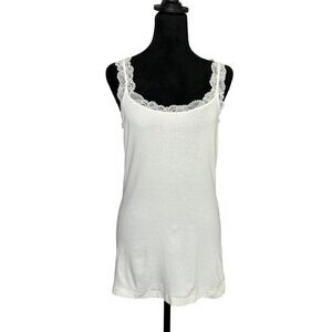 Banana Republic Cotton Blend Long‎ Tank Lace Trim Ivory Size XL Y2K Boho Preppy